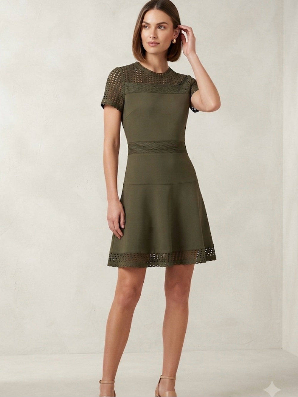 Women's Olive Green Short Sleeve Fit-and-Flare Dress
